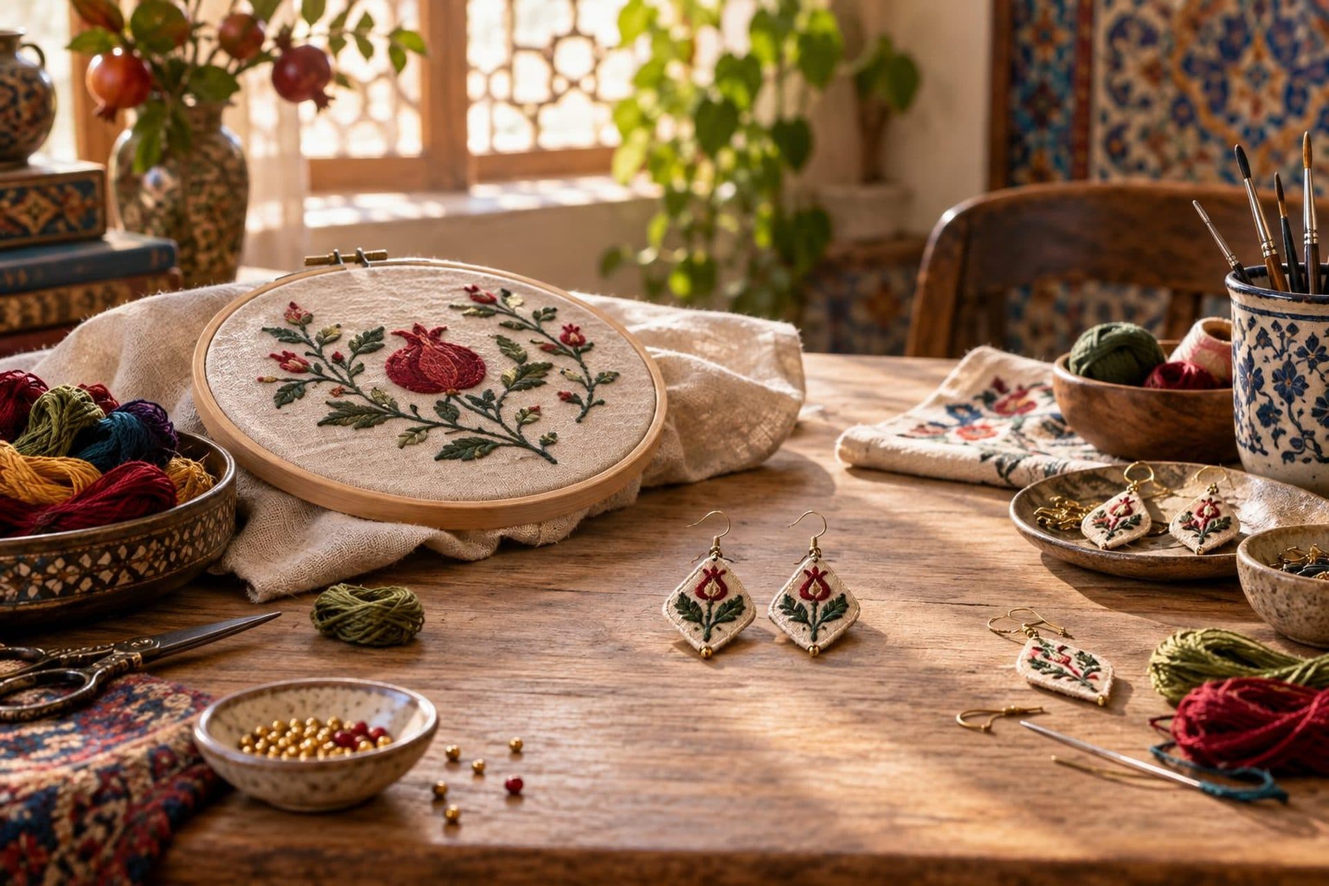 ابزار گلدوزی و گوشواره‌های دست‌ساز روی میز کار